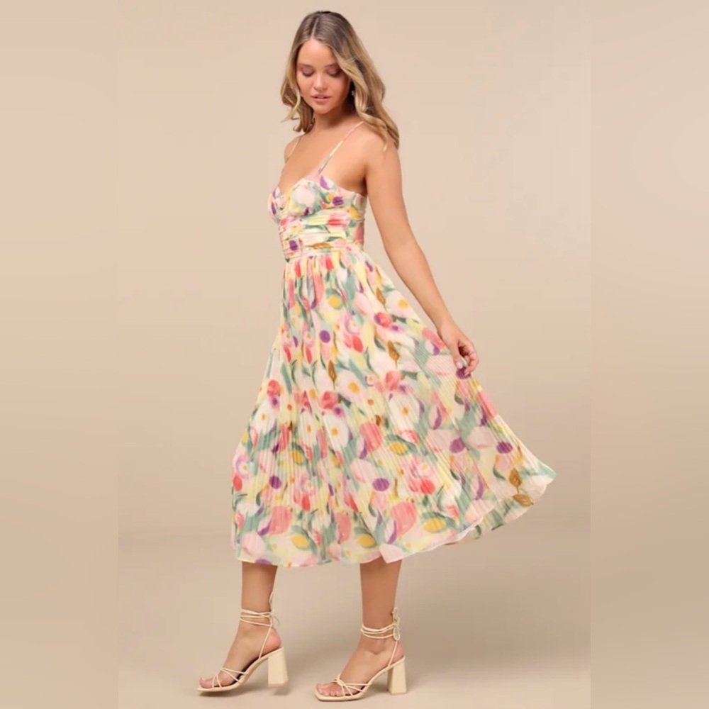 Lulu’s Aleyna Yellow Abstract Pleated Lace-Up Bustier Midi Dress Womens‎ Medium - Picture 2 of 4